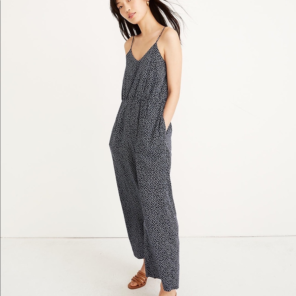 NWT Madewell Wide Leg Sleeveless Jumpsuit Navy Blue White Polka Dot Print - Picture 6 of 9